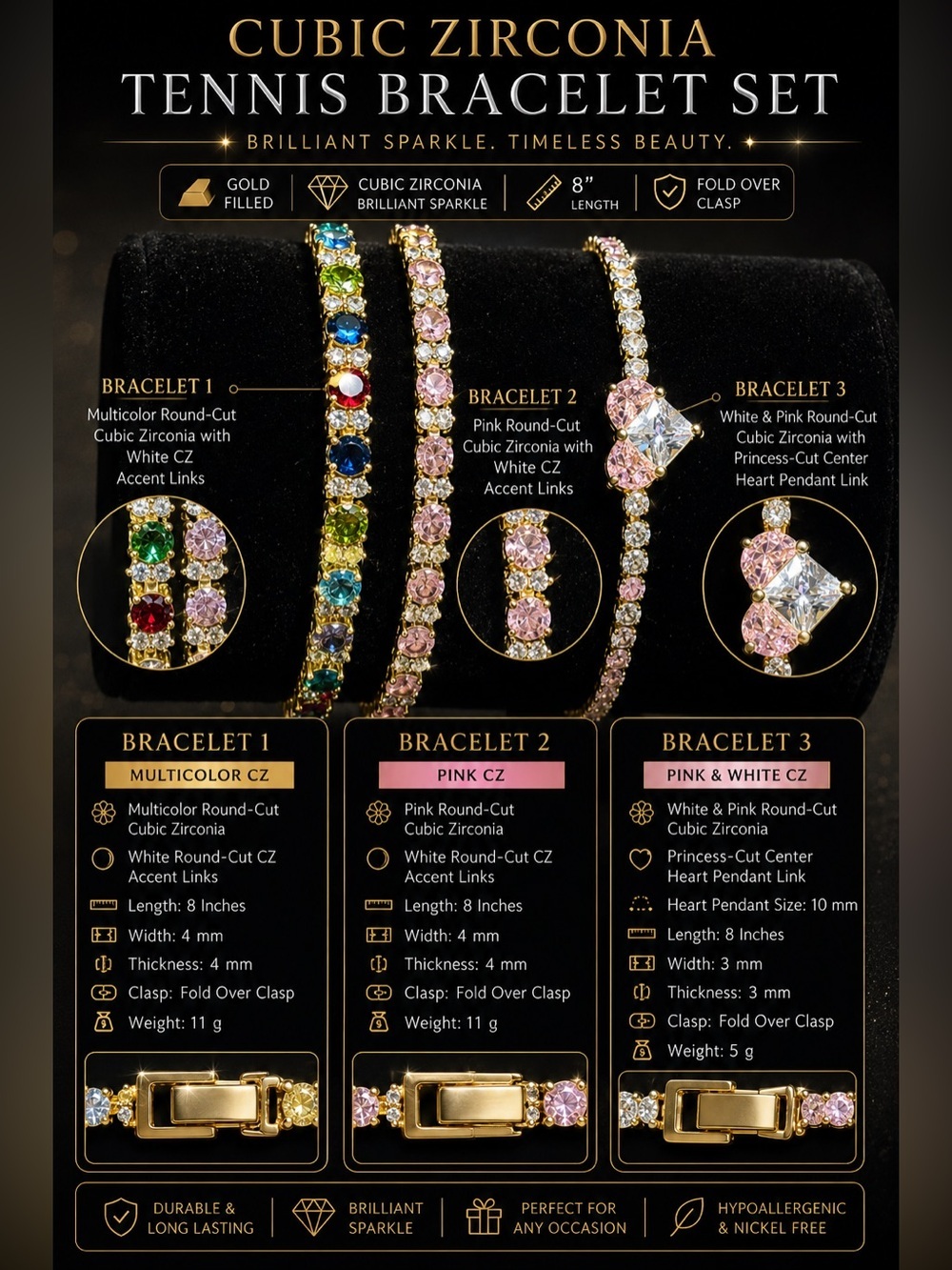 Pretty Bird Yellow Gold Multicolor, Pink & Heart CZ Tennis Stack - Picture 3 of 9